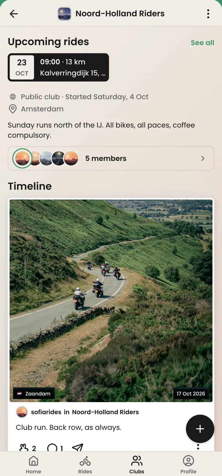 A club in LetsRide: its upcoming rides, its members and its timeline, with a photo of the club riding together