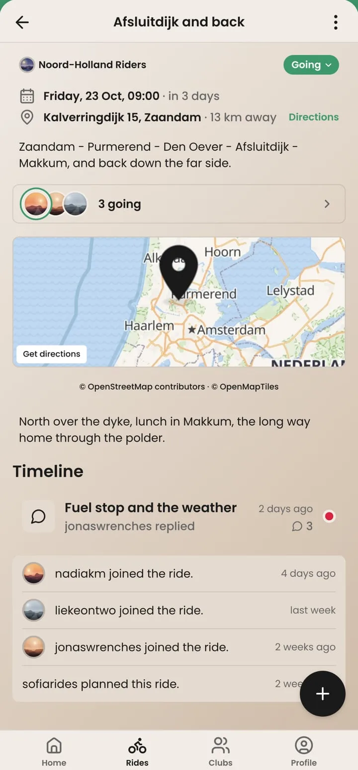 A ride in LetsRide: the club, the date and time, the meeting point, who is going, and a map