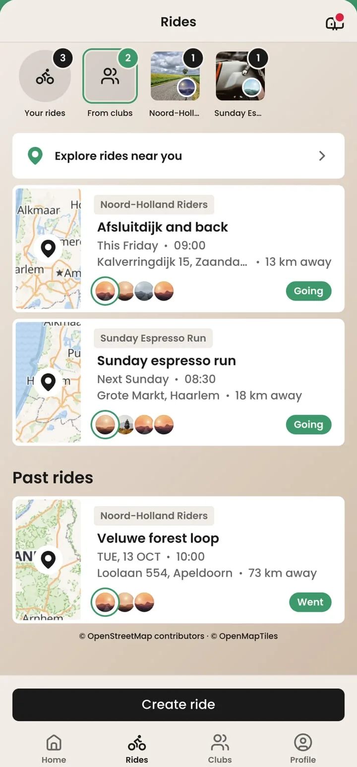 The Rides tab in LetsRide: rides near you from your clubs, each with a time, a meeting point and who is going